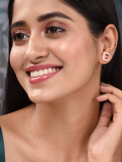 Women GoldPlated Red Square Studs Earrings