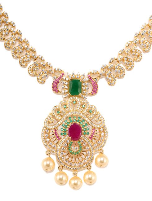 Gold Plated Multi AD & Pearl studded Intricate Design Pendant Necklace and Earrings Set