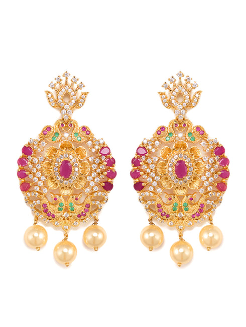 Gold Plated Multi AD & Pearl Studded Hand Crafted Peacock Motif Pendant Necklace Earrings Set