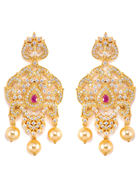 Gold Plated Red AD and Pearl Studded Traditional PendantNecklace White Pearl Mala and Earrings