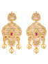 Gold Plated Red AD and Pearl Studded Traditional PendantNecklace White Pearl Mala and Earrings