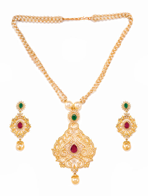 Gold Plated Multi AD & Pearl Studded Hand Crafted Traditional Pendant Necklace Earrings Set