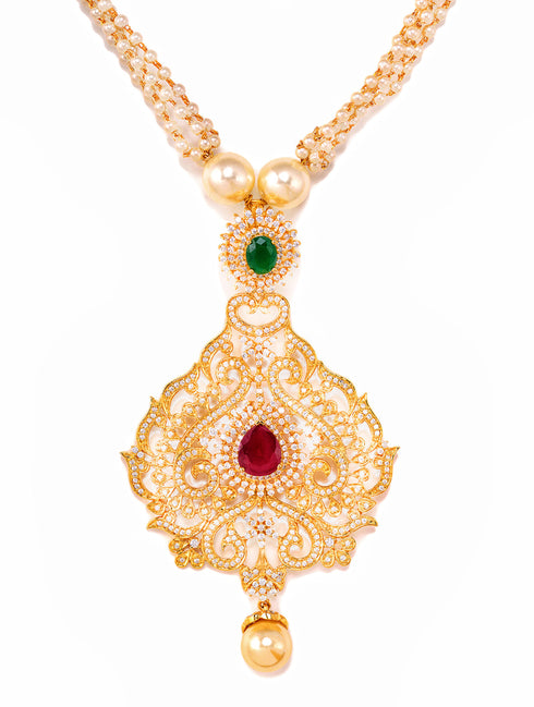 Gold Plated Multi AD & Pearl Studded Hand Crafted Traditional Pendant Necklace Earrings Set