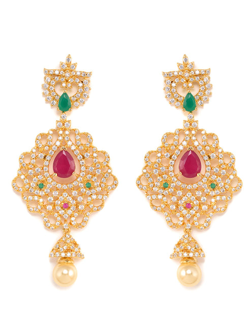 Gold Plated AD and Pearl Studded Traditional Pendant White Pearl Mala and Earrings