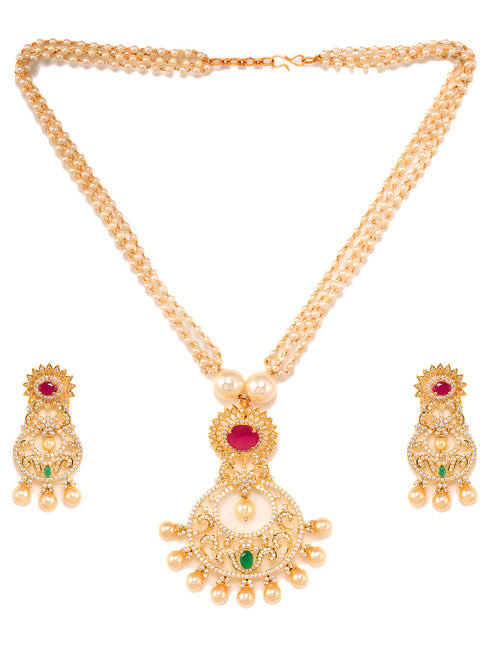 Gold Plated Multi AD and Pearl Studded Chandbali Pendant Necklace and Earrings Set