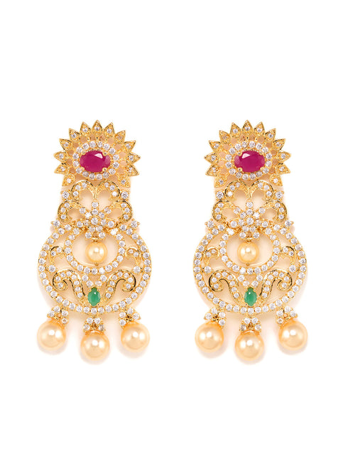 Gold Plated Multi AD and Pearl Studded Chandbali Pendant Necklace and Earrings Set