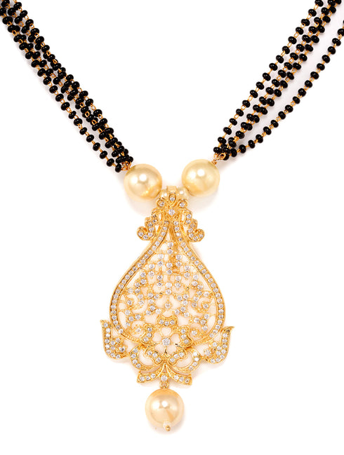 Gold Plated White AD and Pearl studded Antique Pendant Necklace Black Beads Pearl Mala and Earrings