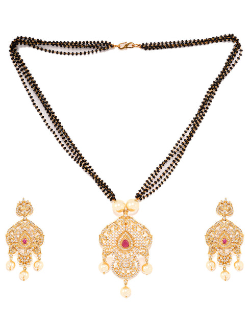 Gold Plated Red AD Studded Traditional Intricate Pendant Necklace Black beads Mala and Earrings