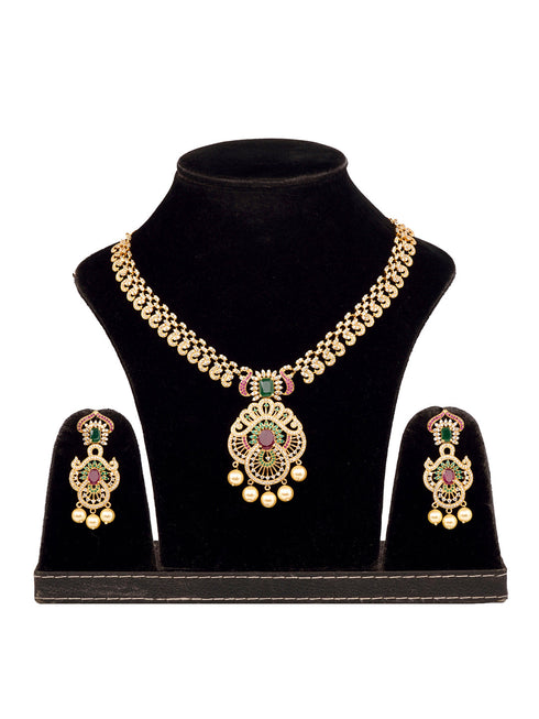 Gold Plated Multi AD & Pearl studded Intricate Design Pendant Necklace and Earrings Set