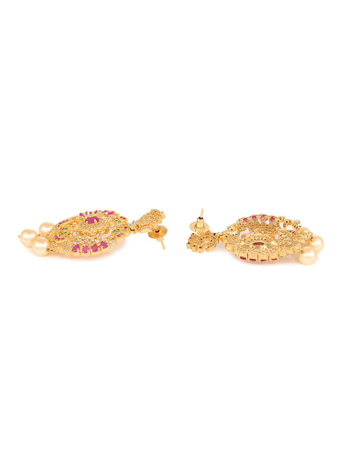 Gold Plated Multi AD & Pearl Studded Hand Crafted Peacock Motif Pendant Necklace Earrings Set