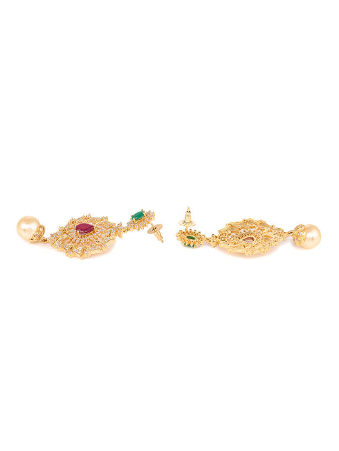Gold Plated Multi AD & Pearl Studded Hand Crafted Traditional Pendant Necklace Earrings Set