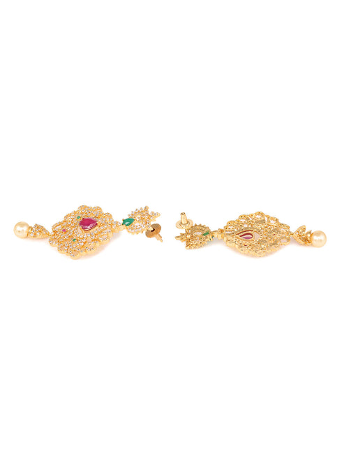 Gold Plated AD and Pearl Studded Traditional Pendant White Pearl Mala and Earrings