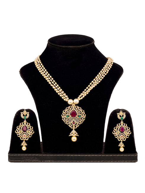 Gold Plated AD and Pearl Studded Traditional Pendant White Pearl Mala and Earrings