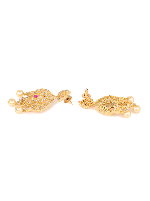 Gold Plated Red AD and Pearl Studded Traditional PendantNecklace White Pearl Mala and Earrings