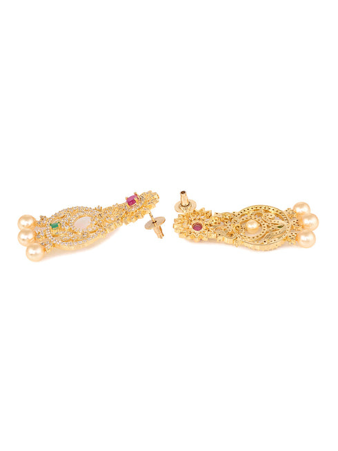 Gold Plated Multi AD and Pearl Studded Chandbali Pendant Necklace and Earrings Set