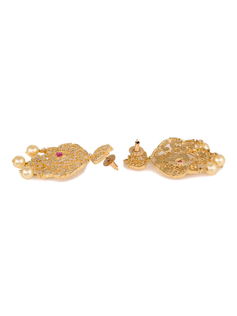 Gold Plated Red AD Studded Traditional Intricate Pendant Necklace Black beads Mala and Earrings
