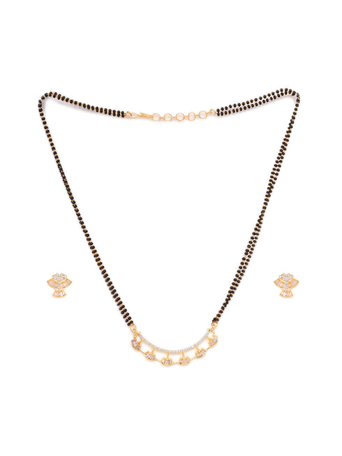 Gold Plated Black Beads AD Studded Mangalsutra Pendant Earrings Set