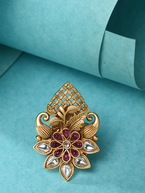 GoldPlated Red AD Studded Floral Adjustable Finger Ring