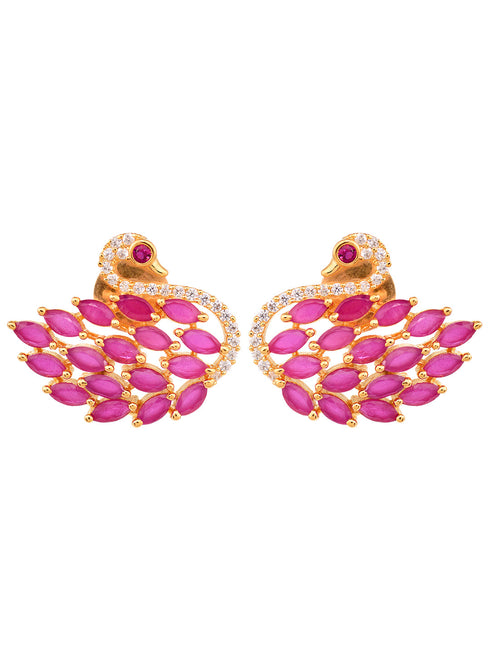 Gold Plated Swan studs Red AD encrusted Earrings