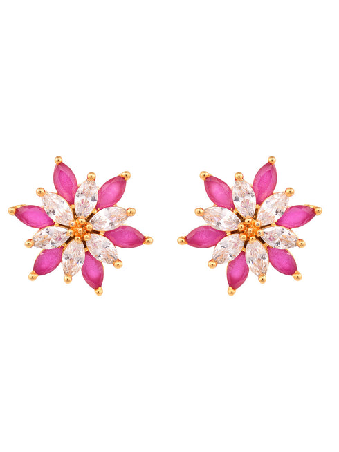 Gold Plated Floral studs Red & White AD encrusted Earrings