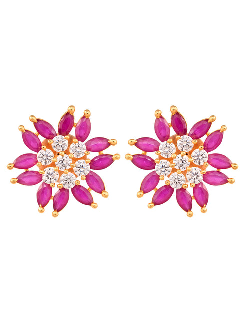 Gold Plated Contemporary Floral Stud Red and White AD Earrings