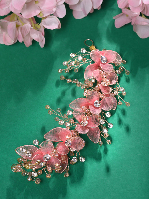 Gold Toned & Pink Stocking Flowers Beaded Tiara Hair Accessory