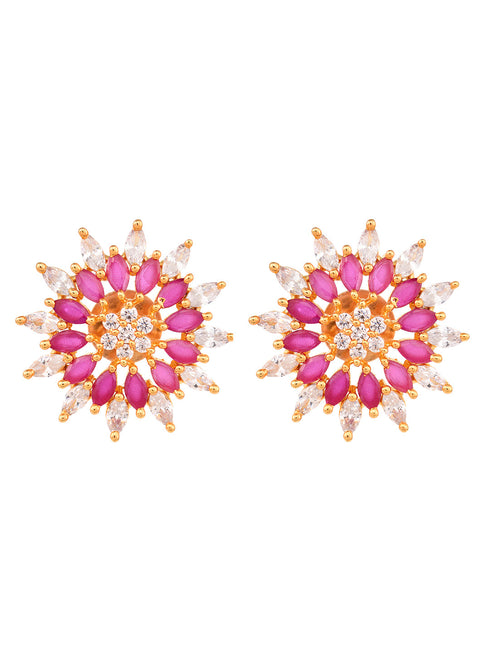 Gold Plated ornate Floral studs Red & White AD encrusted Earrings