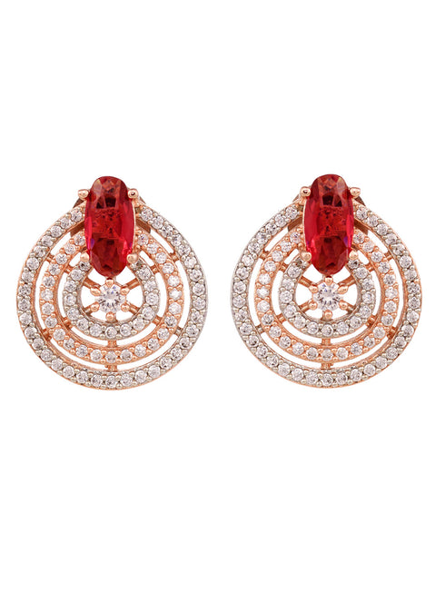 Rose Gold Plated Red and White AD Studded Concentric Studs Earrings
