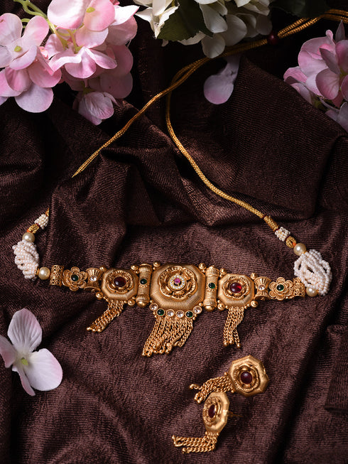 Women GoldPlated Red KempStudded Temple Jewellery Set