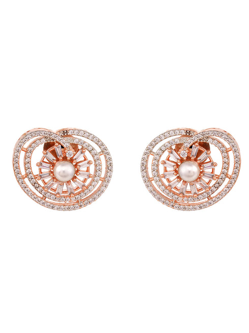 Rose Gold plated AD & Pearl studded Statement Floral Small Stud Earrings