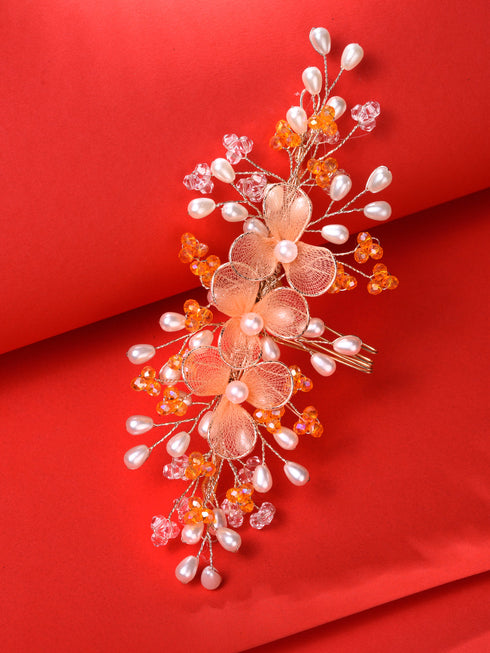 Gold Toned & Orange Stocking Flowers Beaded Hair Accessory