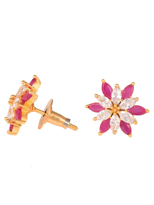 Gold Plated Floral studs Red & White AD encrusted Earrings