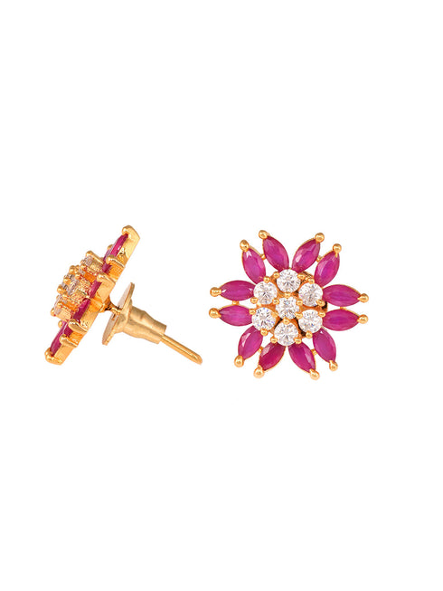 Gold Plated Contemporary Floral Stud Red and White AD Earrings