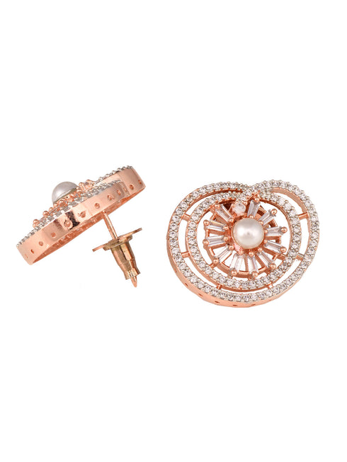 Rose Gold plated AD & Pearl studded Statement Floral Small Stud Earrings