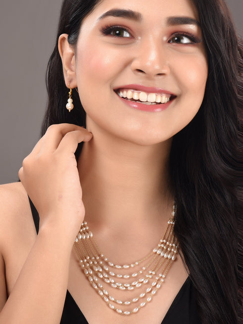 White Pearls Multi Layered Elegant Mala Jewellery Set Dropdown Earrings