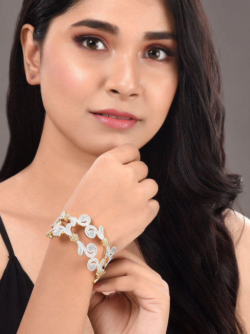 Set Of 2 Dua Toned Gold Plated Whitee AD Studded Handcrafted Leafy Design Bangles