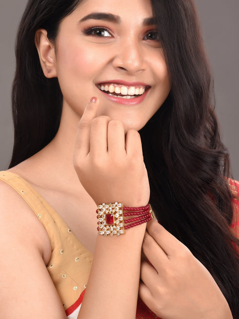 Gold Plated Red and White Polki Red Beads Wraparound bracelet