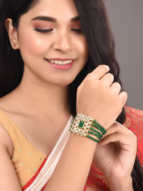 Gold Plated White Polki Green Beads Wraparound Bracelet