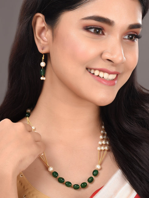 Gold Toned Multi Layered White & Green Pearls Beaded Mala Jewellery Set Earrings