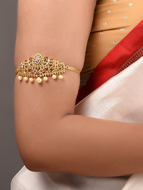 Gold Plated Red AD Studded Pearl Beaded Armlet Bracelet