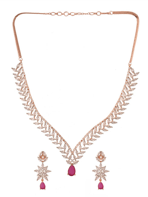 Rose Gold Plated Red AD Studded Statement Necklace Jewellery Set