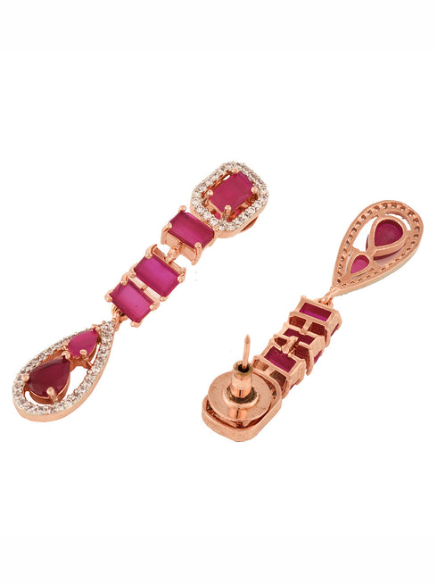 Rose Gold Toned Ruby Pink AD Studded Minimal Necklace Jewellery Set