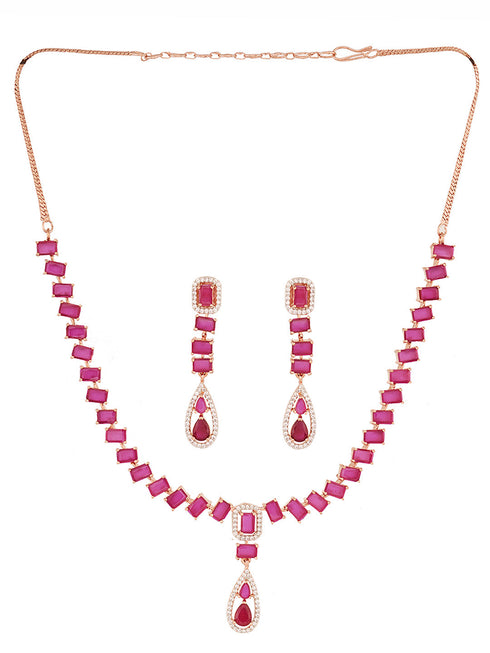 Rose Gold Toned Ruby Pink AD Studded Minimal Necklace Jewellery Set