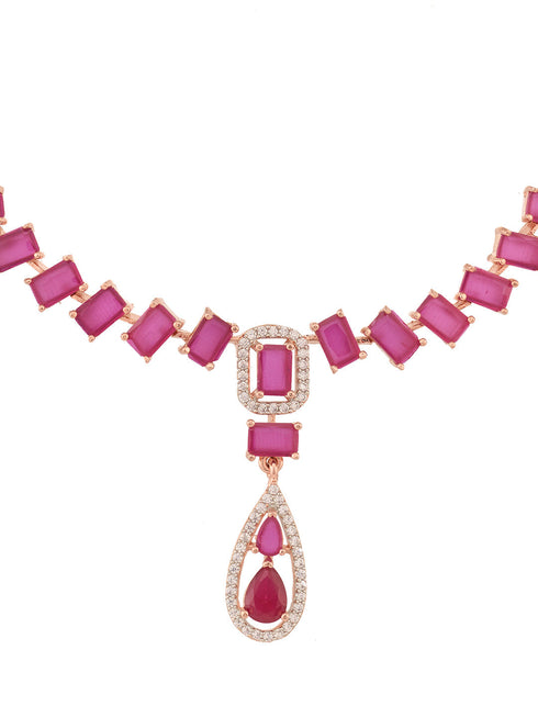 Rose Gold Toned Ruby Pink AD Studded Minimal Necklace Jewellery Set