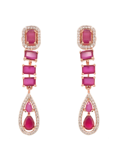 Rose Gold Toned Ruby Pink AD Studded Minimal Necklace Jewellery Set