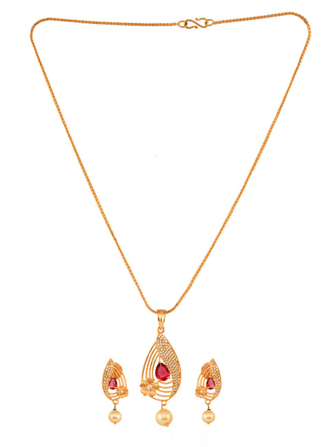 Gold Plated Ruby Studded Floral Locket jewellery Set
