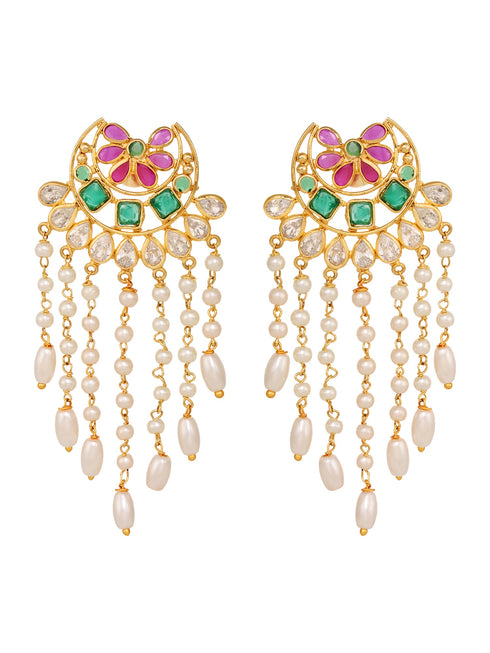 Gold Plated Red & Green AD Studded Crescent Shaped long Pearls Drop Earrings