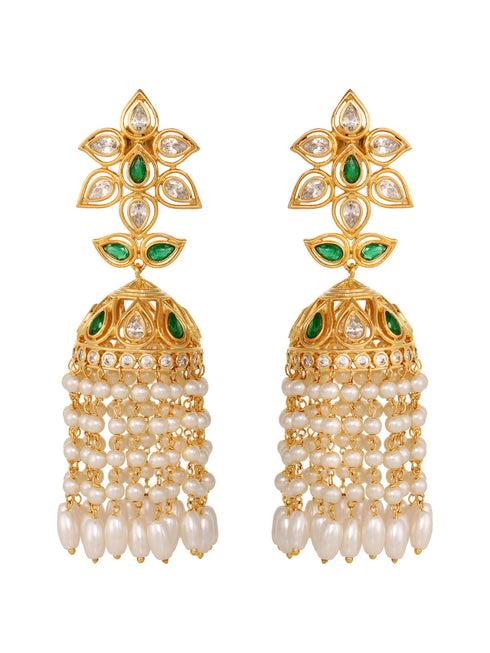 Gold Plated Green AD Studded Contemporary Pearl Drop Jhumki Earrings