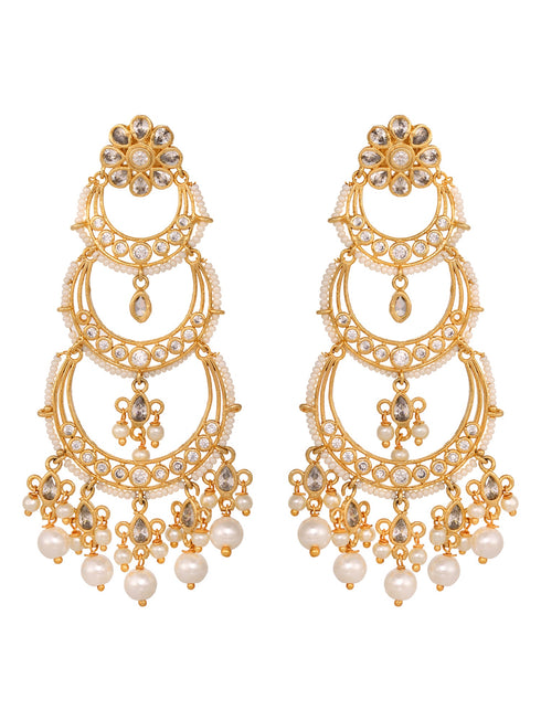 Gold Plated White AD Studded Pearl Drop Contemporary Long Chandbali Earrings