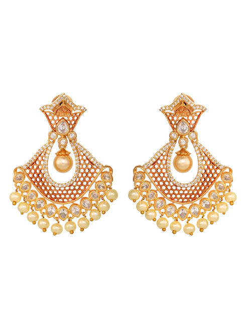 Rose Gold Plated AD Studded Modern Chandbali Pearl Drop Earrings